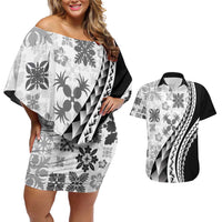 Black Hawaiian Quilt Pattern Couples Matching Off Shoulder Short Dress and Hawaiian Shirt Mixed Polynesian Tribal Arty