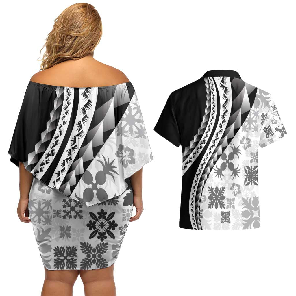 Black Hawaiian Quilt Pattern Couples Matching Off Shoulder Short Dress and Hawaiian Shirt Mixed Polynesian Tribal Arty