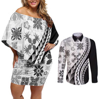 Black Hawaiian Quilt Pattern Couples Matching Off Shoulder Short Dress and Long Sleeve Button Shirt Mixed Polynesian Tribal Arty