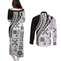 Black Hawaiian Quilt Pattern Couples Matching Puletasi and Long Sleeve Button Shirt Mixed Polynesian Tribal Arty