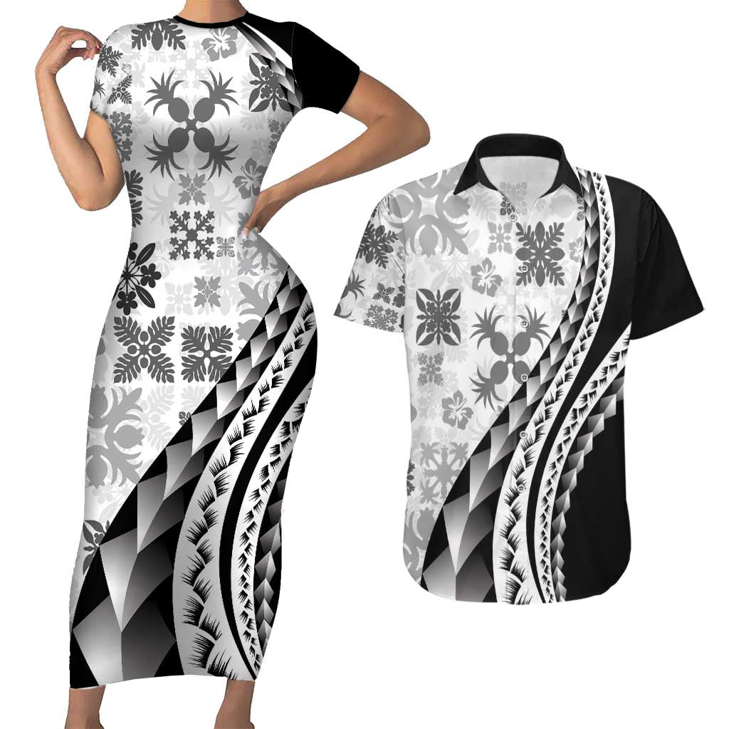 Black Hawaiian Quilt Pattern Couples Matching Short Sleeve Bodycon Dress and Hawaiian Shirt Mixed Polynesian Tribal Arty