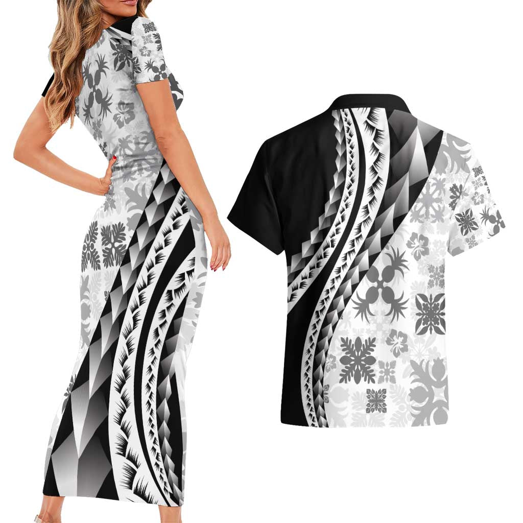 Black Hawaiian Quilt Pattern Couples Matching Short Sleeve Bodycon Dress and Hawaiian Shirt Mixed Polynesian Tribal Arty