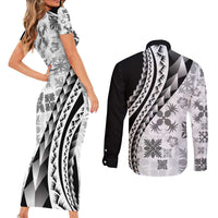 Black Hawaiian Quilt Pattern Couples Matching Short Sleeve Bodycon Dress and Long Sleeve Button Shirt Mixed Polynesian Tribal Arty