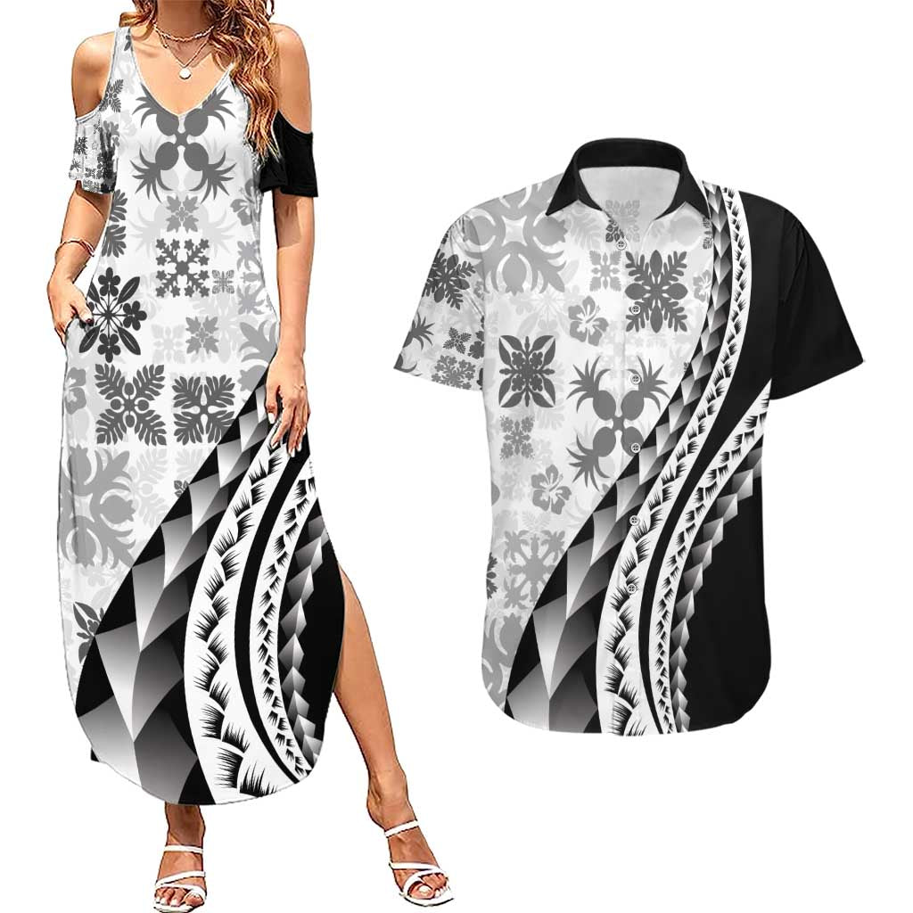Black Hawaiian Quilt Pattern Couples Matching Summer Maxi Dress and Hawaiian Shirt Mixed Polynesian Tribal Arty