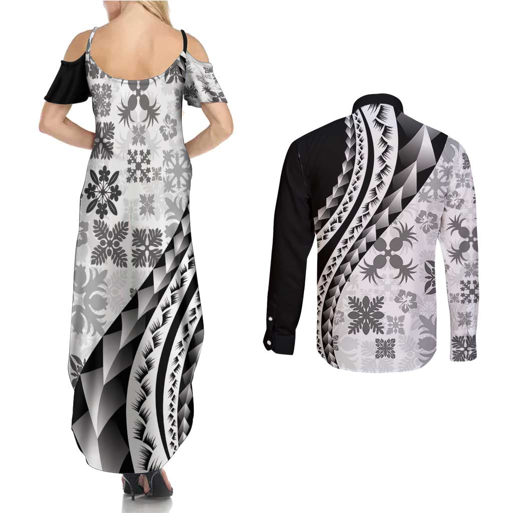 Black Hawaiian Quilt Pattern Couples Matching Summer Maxi Dress and Long Sleeve Button Shirt Mixed Polynesian Tribal Arty