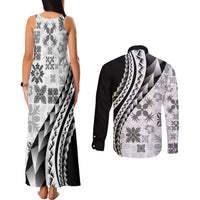 Black Hawaiian Quilt Pattern Couples Matching Tank Maxi Dress and Long Sleeve Button Shirt Mixed Polynesian Tribal Arty