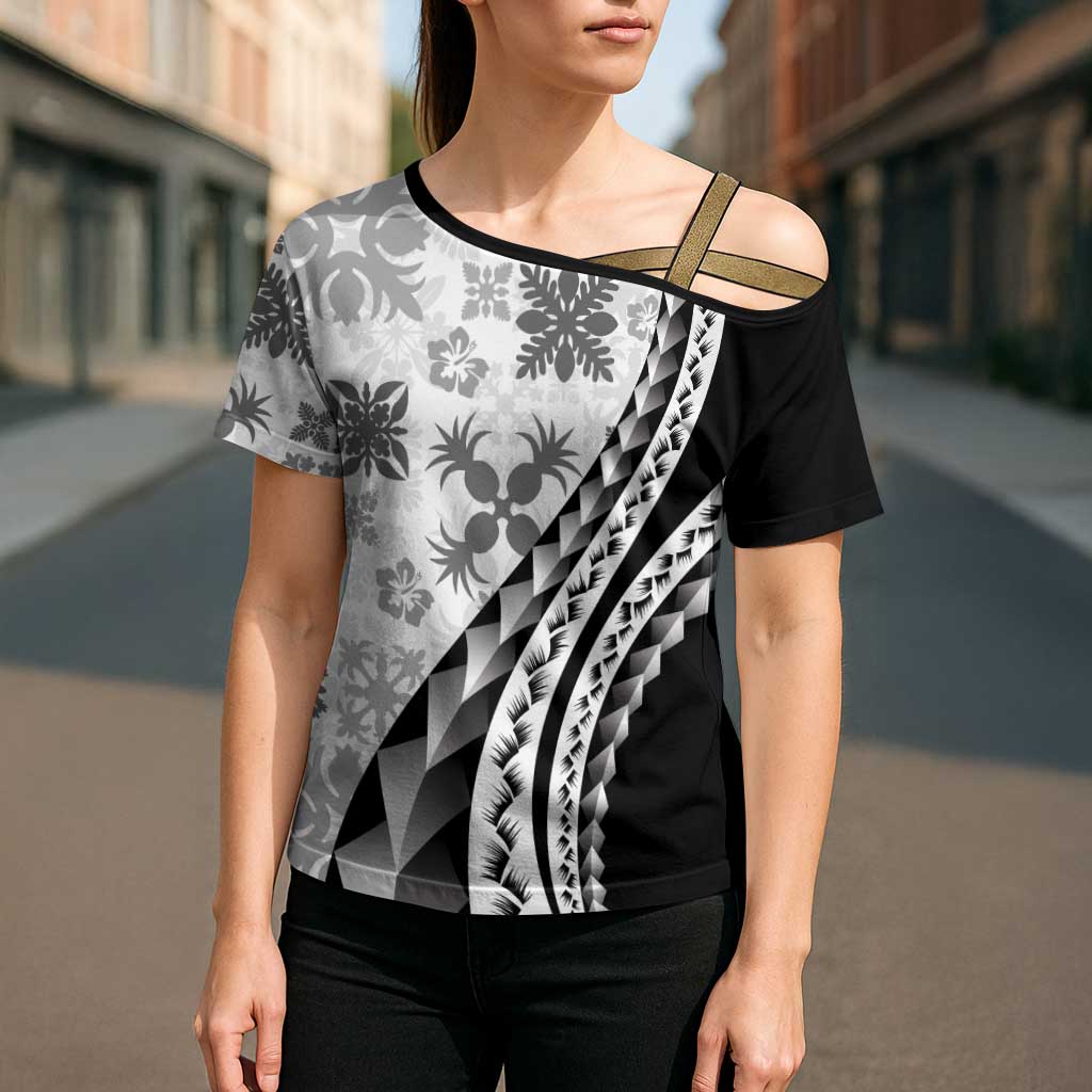 Black Hawaiian Quilt Pattern Cross Shoulder Shirt Mixed Polynesian Tribal Arty - Polynesian Pride