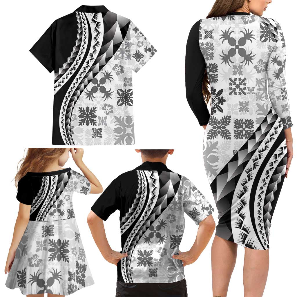 Black Hawaiian Quilt Pattern Family Matching Long Sleeve Bodycon Dress and Hawaiian Shirt Mixed Polynesian Tribal Arty