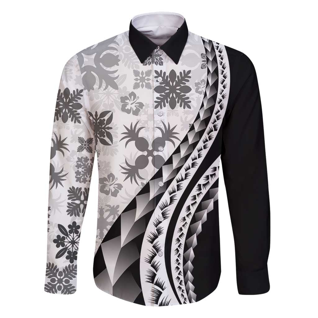 Black Hawaiian Quilt Pattern Family Matching Long Sleeve Bodycon Dress and Hawaiian Shirt Mixed Polynesian Tribal Arty