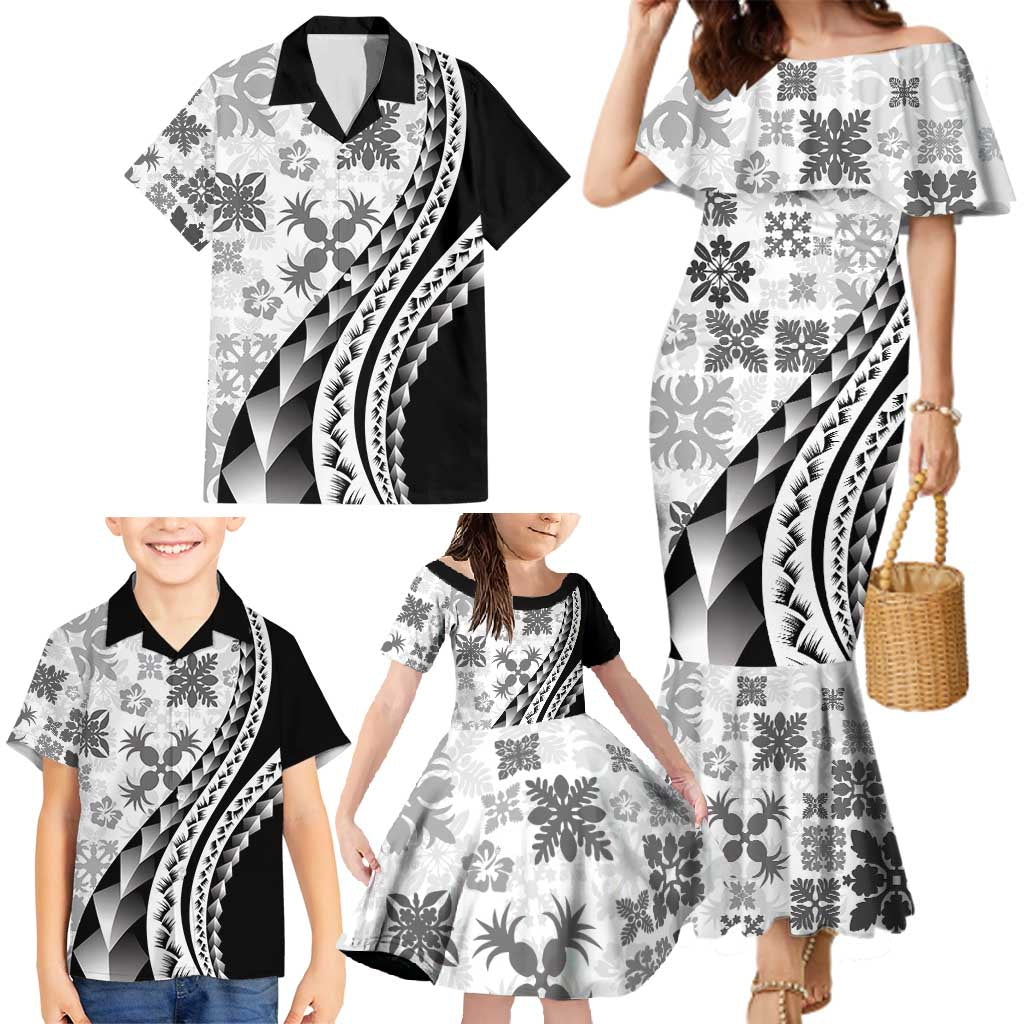 Black Hawaiian Quilt Pattern Family Matching Mermaid Dress and Hawaiian Shirt Mixed Polynesian Tribal Arty