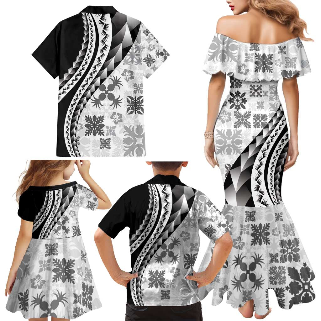 Black Hawaiian Quilt Pattern Family Matching Mermaid Dress and Hawaiian Shirt Mixed Polynesian Tribal Arty