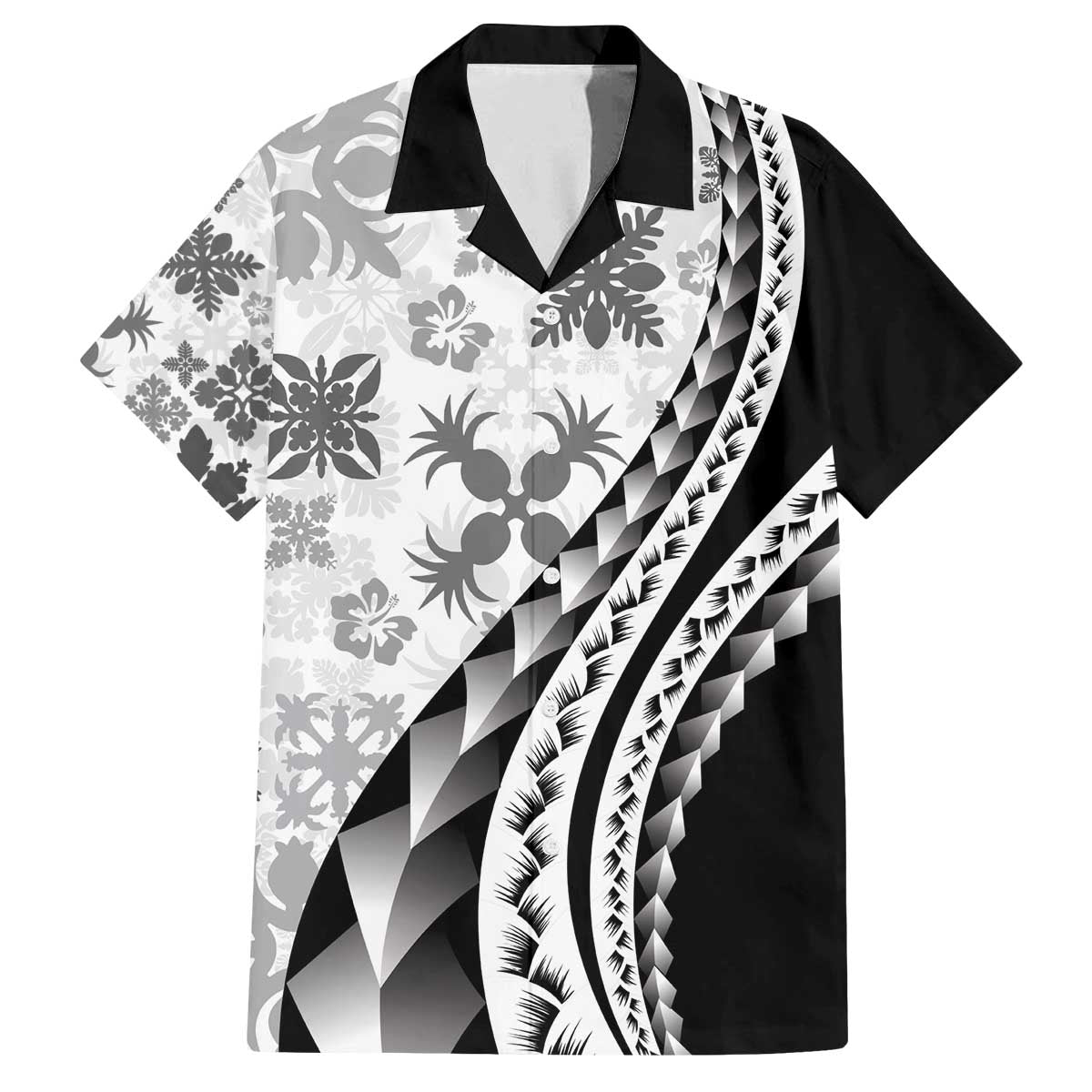Black Hawaiian Quilt Pattern Family Matching Off The Shoulder Long Sleeve Dress and Hawaiian Shirt Mixed Polynesian Tribal Arty
