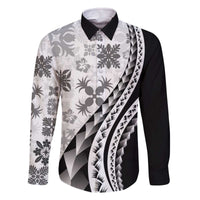 Black Hawaiian Quilt Pattern Family Matching Off The Shoulder Long Sleeve Dress and Hawaiian Shirt Mixed Polynesian Tribal Arty