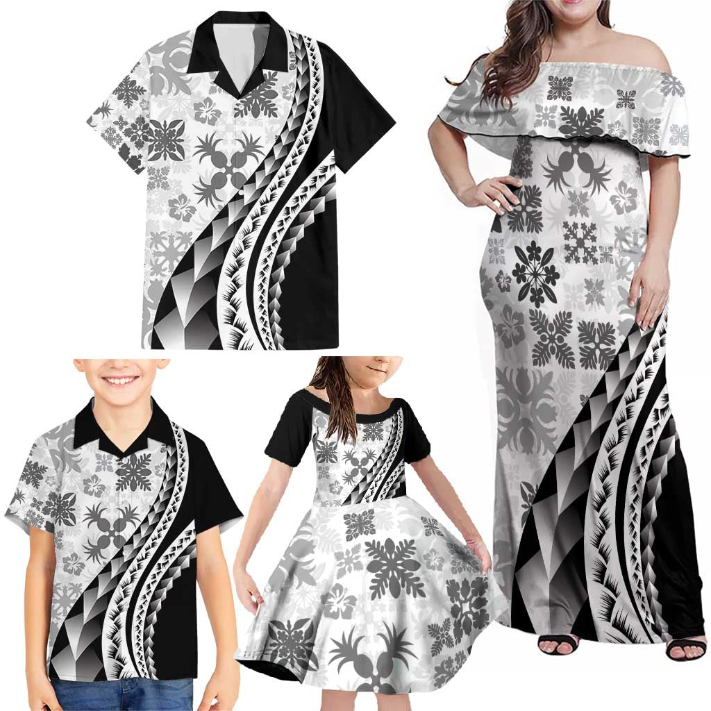 Black Hawaiian Quilt Pattern Family Matching Off Shoulder Maxi Dress and Hawaiian Shirt Mixed Polynesian Tribal Arty