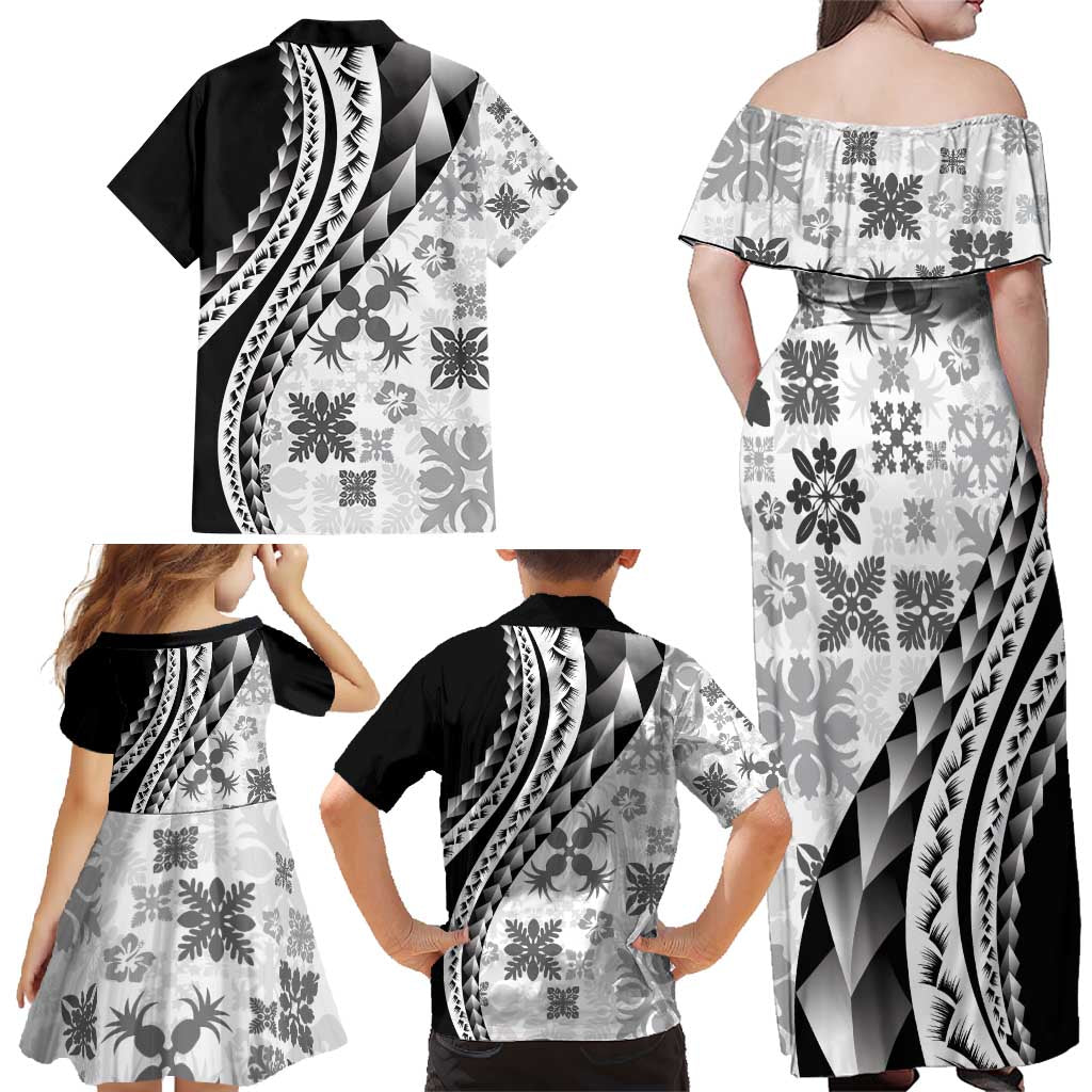 Black Hawaiian Quilt Pattern Family Matching Off Shoulder Maxi Dress and Hawaiian Shirt Mixed Polynesian Tribal Arty
