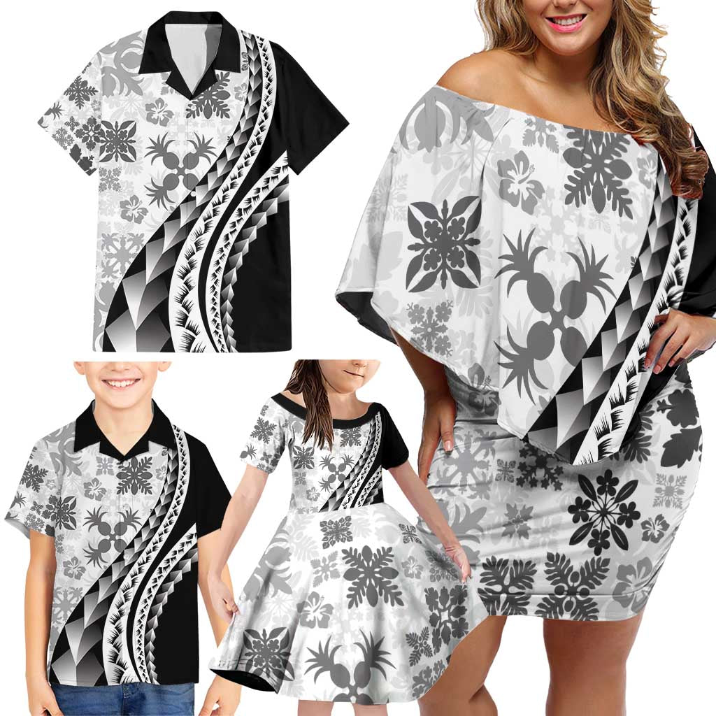 Black Hawaiian Quilt Pattern Family Matching Off Shoulder Short Dress and Hawaiian Shirt Mixed Polynesian Tribal Arty