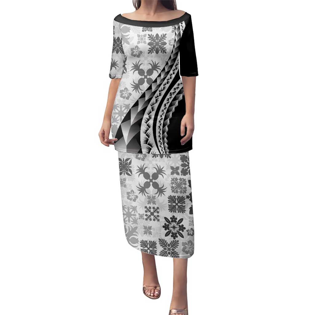 Black Hawaiian Quilt Pattern Family Matching Puletasi and Hawaiian Shirt Mixed Polynesian Tribal Arty