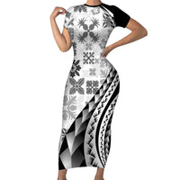 Black Hawaiian Quilt Pattern Family Matching Short Sleeve Bodycon Dress and Hawaiian Shirt Mixed Polynesian Tribal Arty