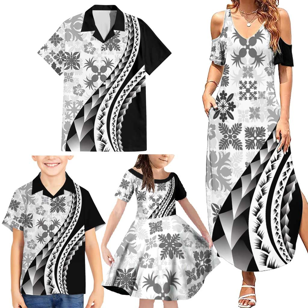 Black Hawaiian Quilt Pattern Family Matching Summer Maxi Dress and Hawaiian Shirt Mixed Polynesian Tribal Arty