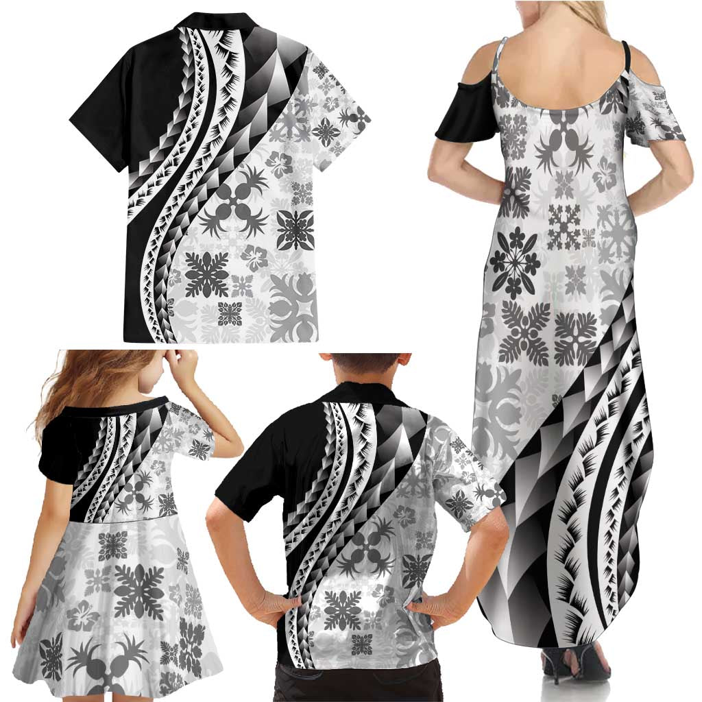 Black Hawaiian Quilt Pattern Family Matching Summer Maxi Dress and Hawaiian Shirt Mixed Polynesian Tribal Arty