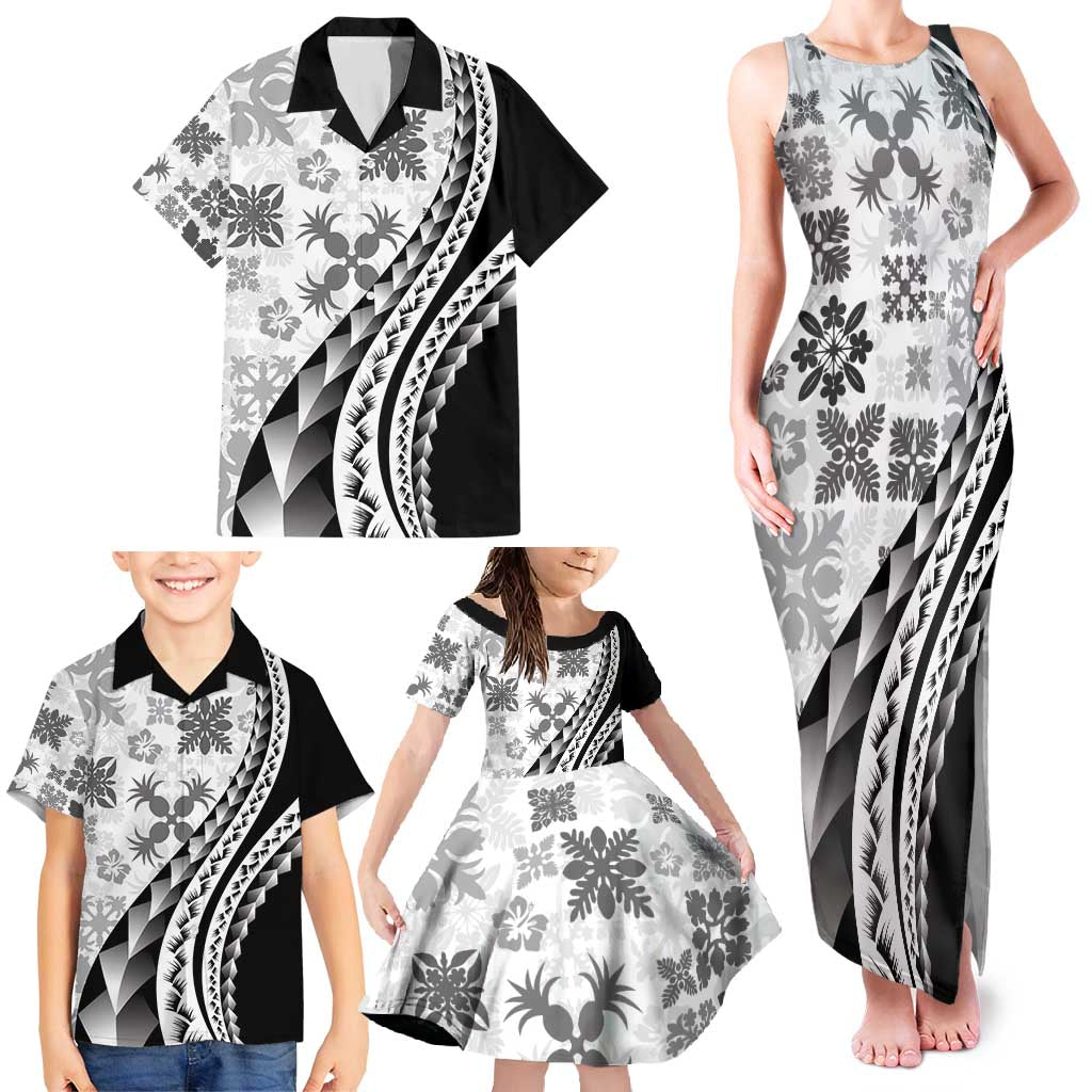 Black Hawaiian Quilt Pattern Family Matching Tank Maxi Dress and Hawaiian Shirt Mixed Polynesian Tribal Arty