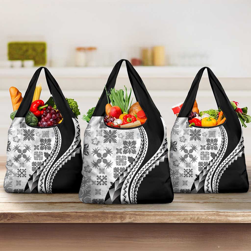 Black Hawaiian Quilt Pattern Grocery Bag Mixed Polynesian Tribal Arty