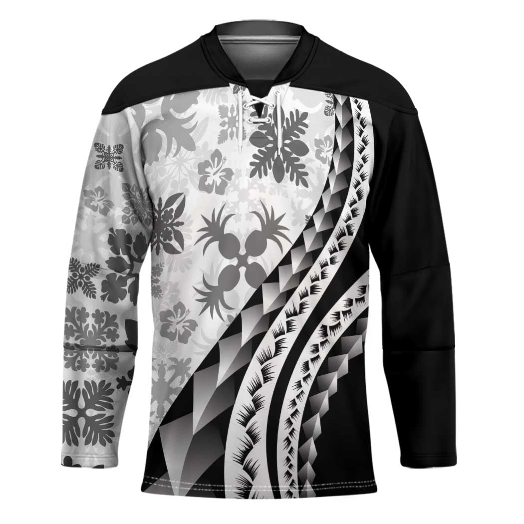 Black Hawaiian Quilt Pattern Hockey Jersey Mixed Polynesian Tribal Arty - Polynesian Pride