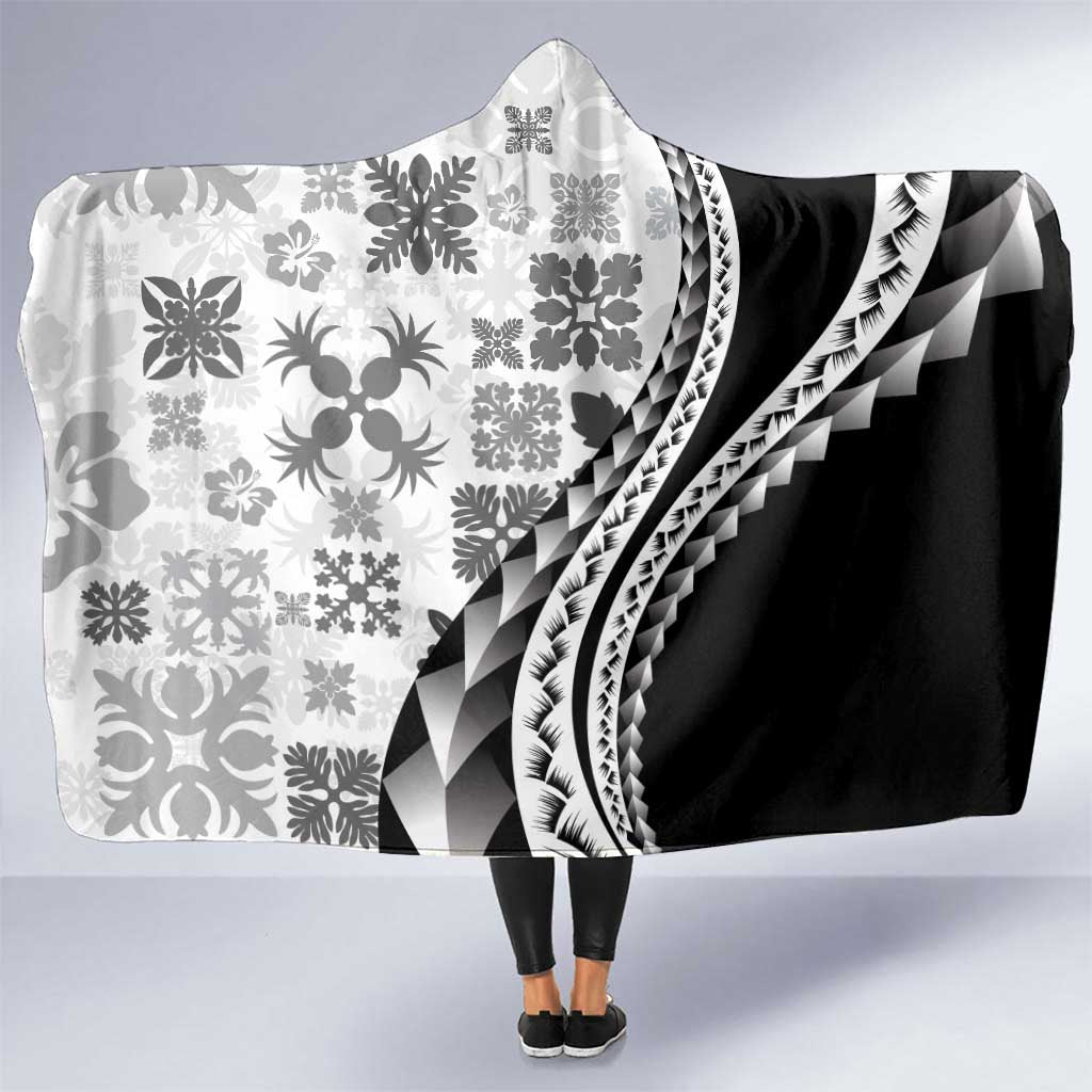 Black Hawaiian Quilt Pattern Hooded Blanket Mixed Polynesian Tribal Arty