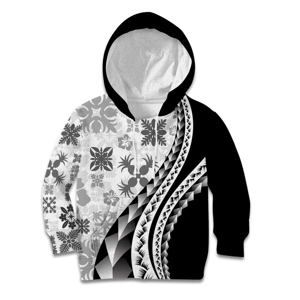 Black Hawaiian Quilt Pattern Kid Hoodie Mixed Polynesian Tribal Arty