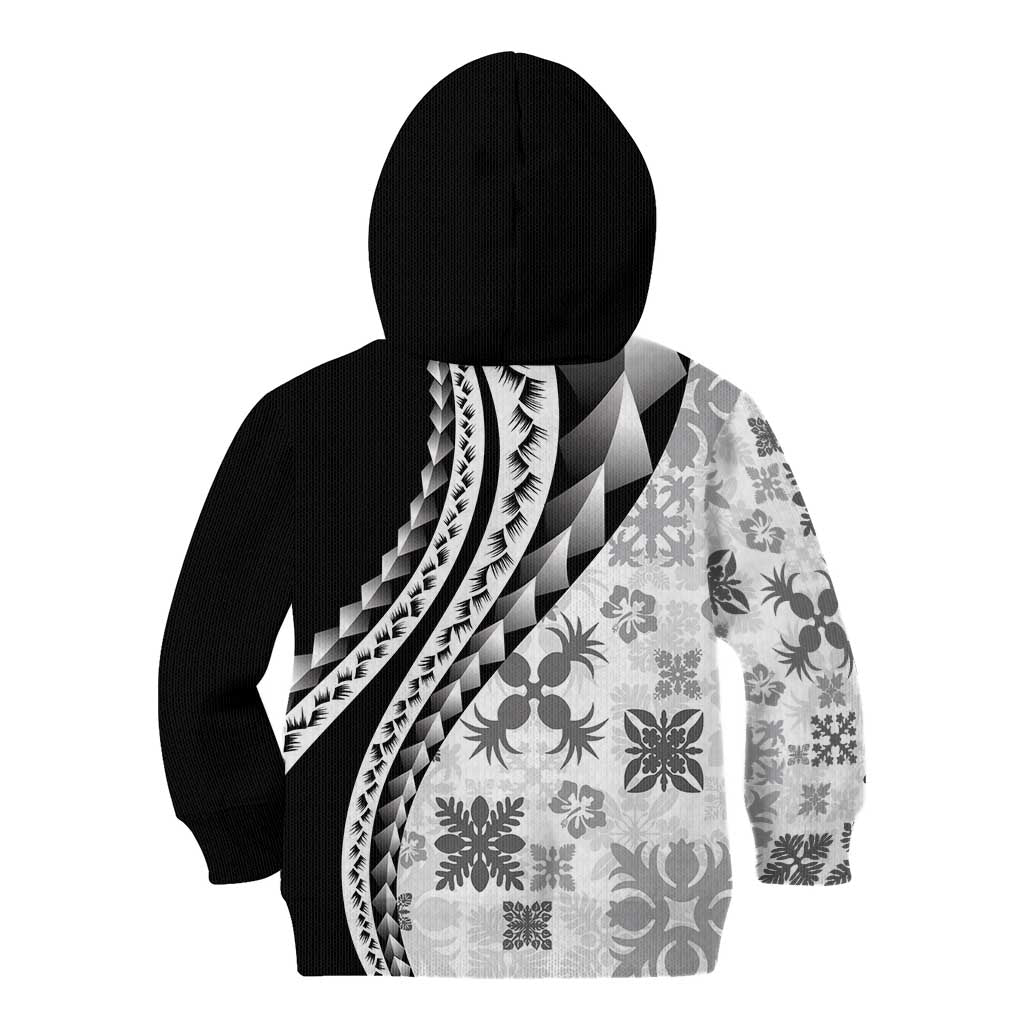 Black Hawaiian Quilt Pattern Kid Hoodie Mixed Polynesian Tribal Arty