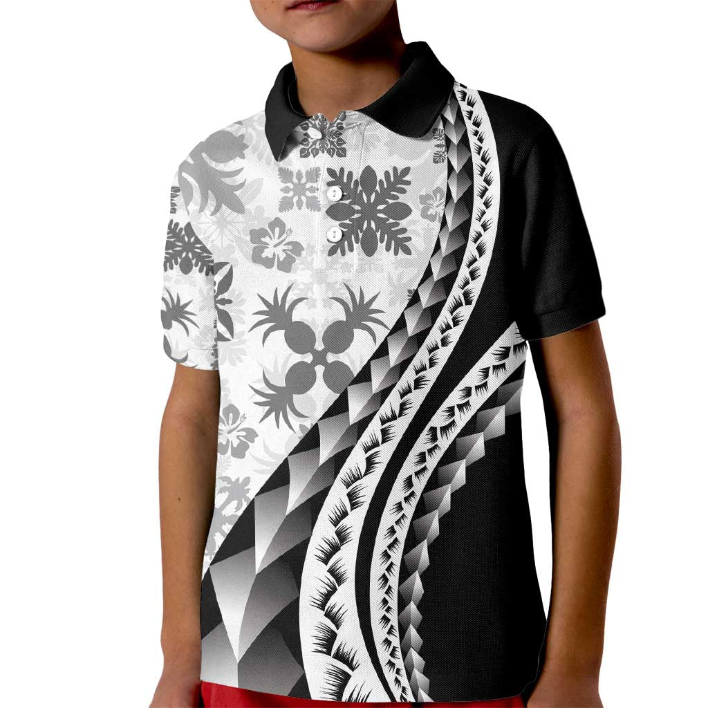 Black Hawaiian Quilt Pattern Kid Polo Shirt Mixed Polynesian Tribal Arty