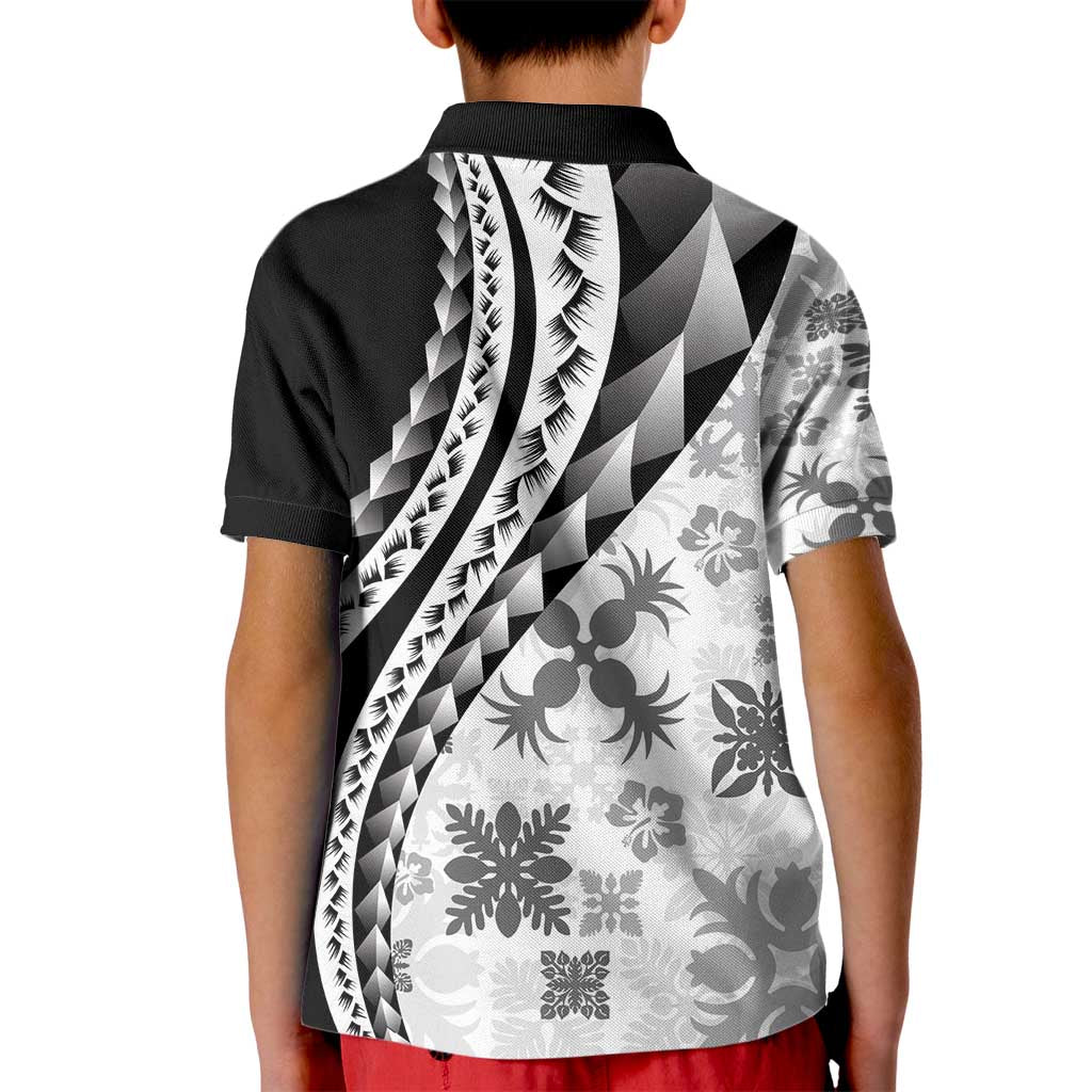 Black Hawaiian Quilt Pattern Kid Polo Shirt Mixed Polynesian Tribal Arty