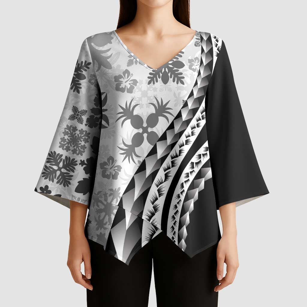 Black Hawaiian Quilt Pattern Kimono Sleeve Blouse Mixed Polynesian Tribal Arty - Polynesian Pride