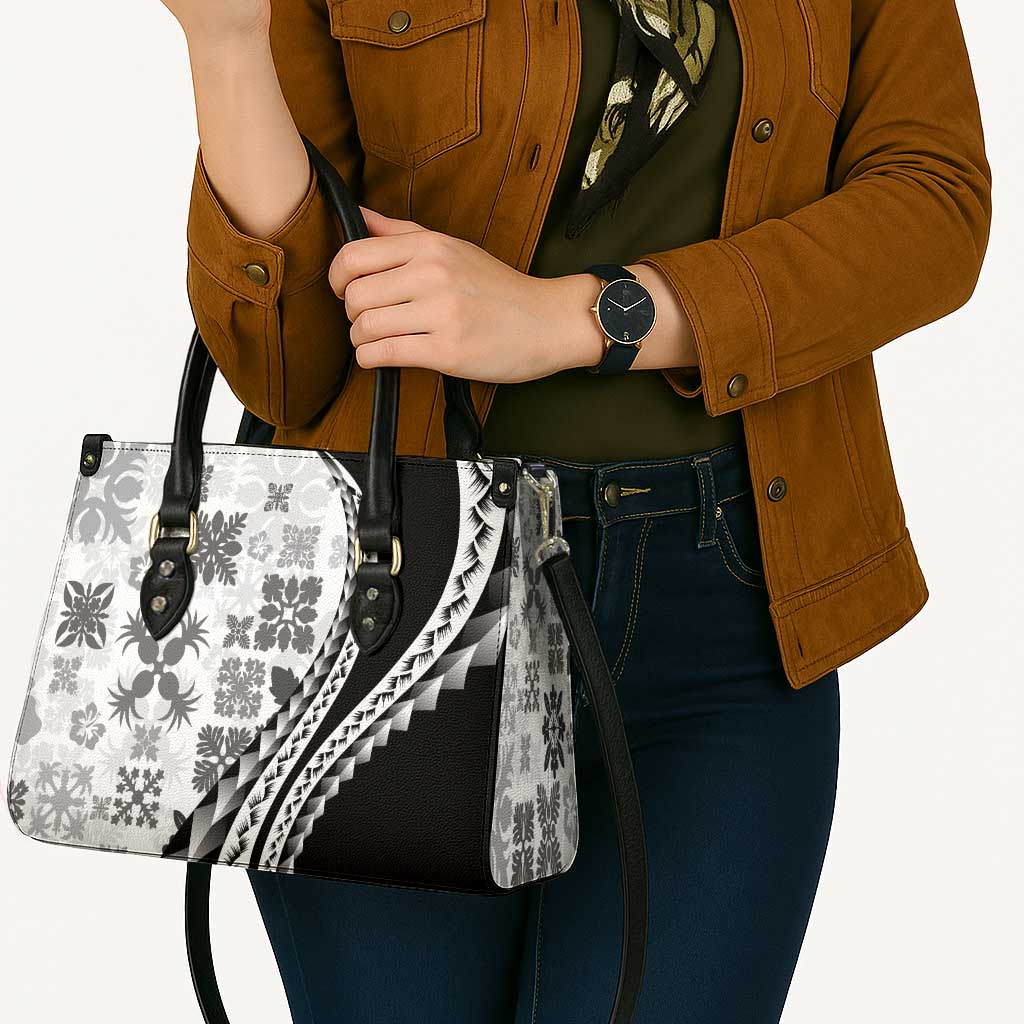 Black Hawaiian Quilt Pattern Leather Bag Mixed Polynesian Tribal Arty - Polynesian Pride