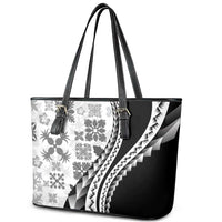 Black Hawaiian Quilt Pattern Leather Tote Bag Mixed Polynesian Tribal Arty