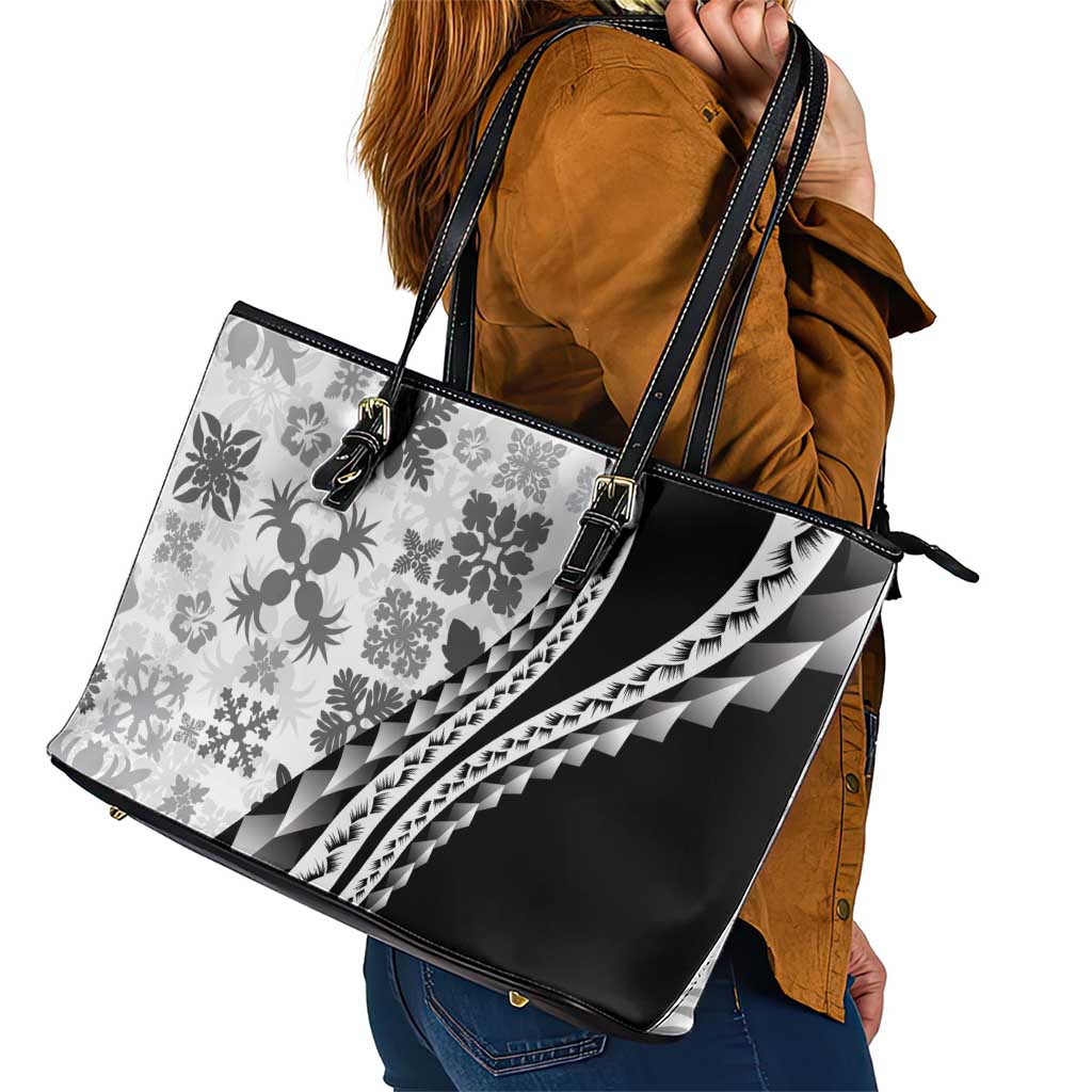 Black Hawaiian Quilt Pattern Leather Tote Bag Mixed Polynesian Tribal Arty