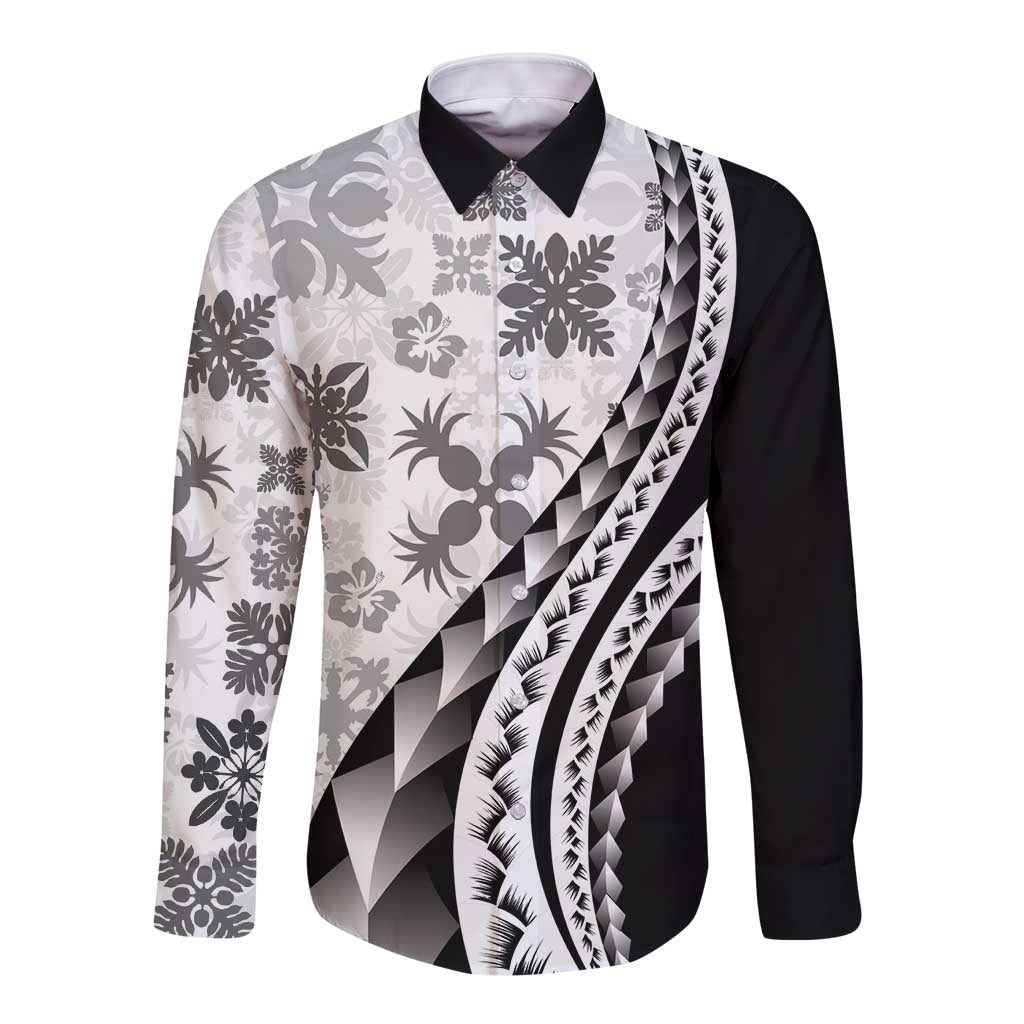 Black Hawaiian Quilt Pattern Long Sleeve Button Shirt Mixed Polynesian Tribal Arty