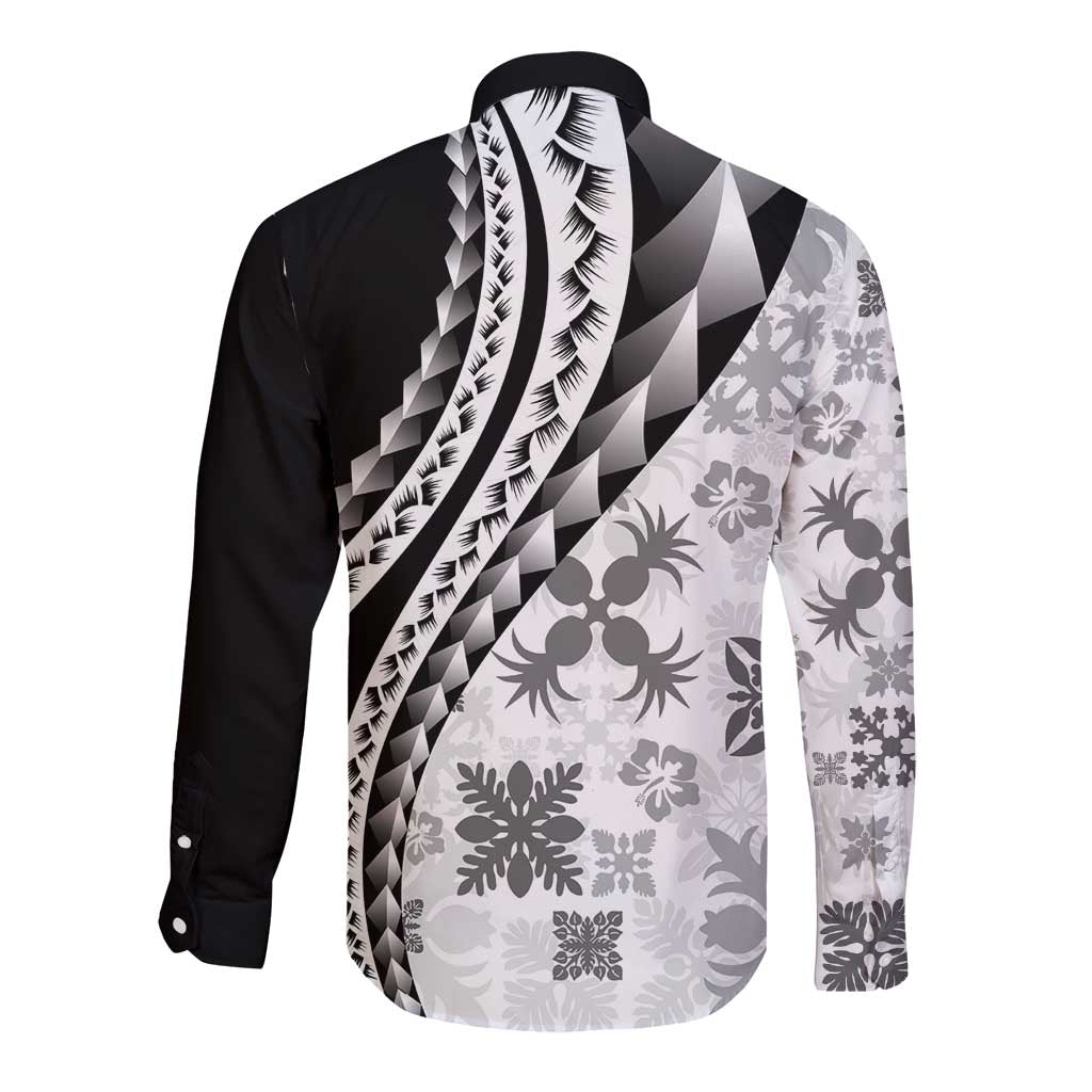 Black Hawaiian Quilt Pattern Long Sleeve Button Shirt Mixed Polynesian Tribal Arty