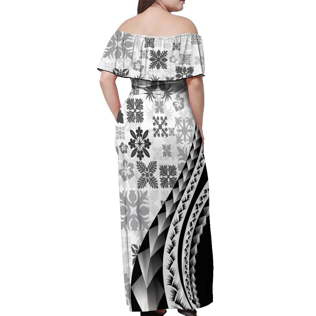 Black Hawaiian Quilt Pattern Off Shoulder Maxi Dress Mixed Polynesian Tribal Arty