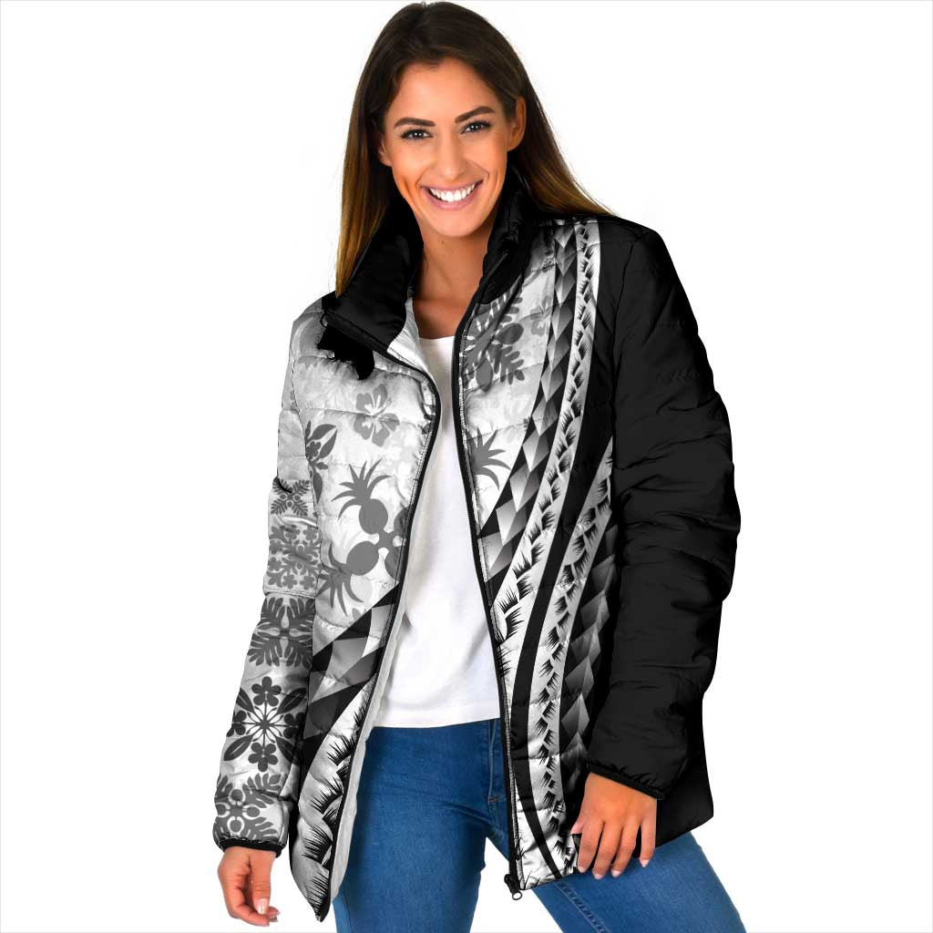 Black Hawaiian Quilt Pattern Padded Jacket Mixed Polynesian Tribal Arty - Polynesian Pride