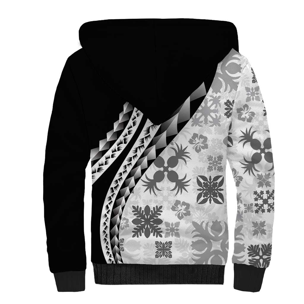 Black Hawaiian Quilt Pattern Sherpa Hoodie Mixed Polynesian Tribal Arty