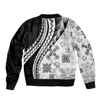 Black Hawaiian Quilt Pattern Sleeve Zip Bomber Jacket Mixed Polynesian Tribal Arty
