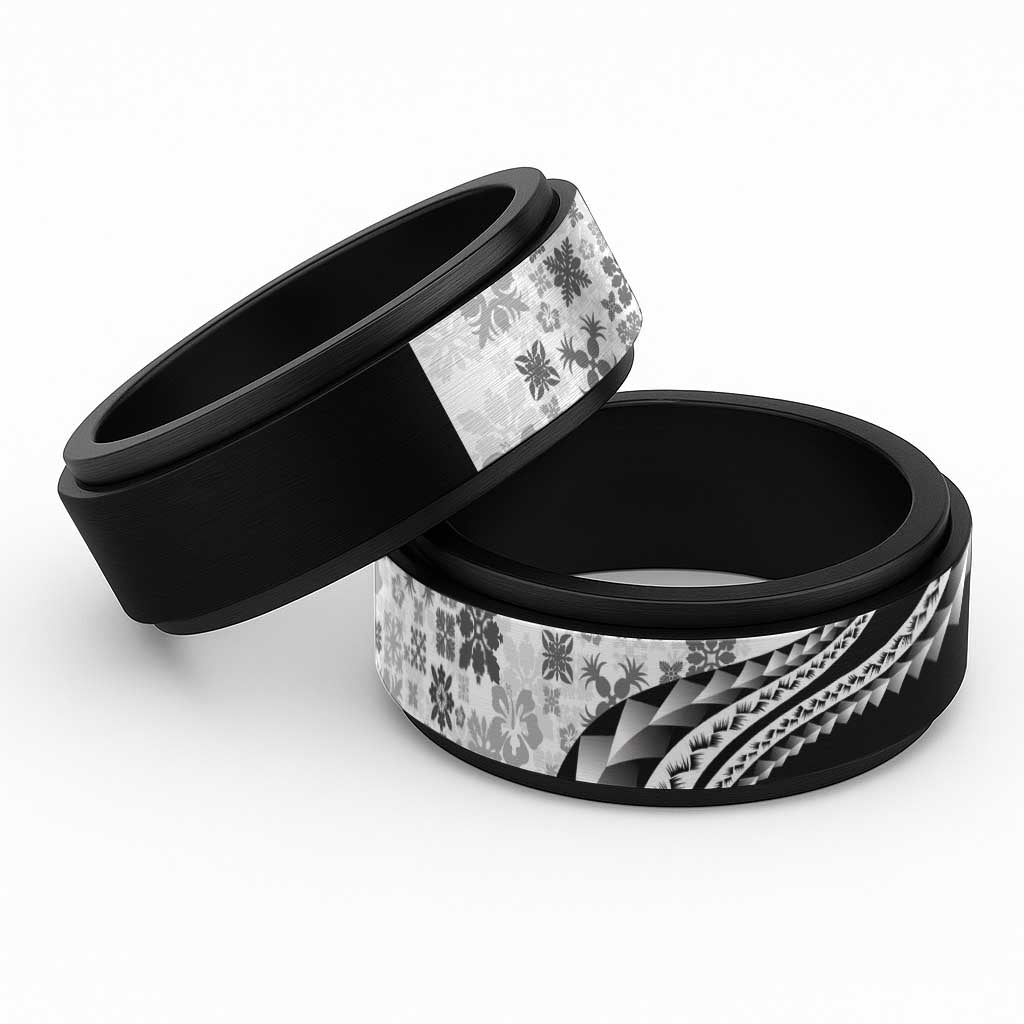 Black Hawaiian Quilt Pattern Spinner Ring Mixed Polynesian Tribal Arty - Polynesian Pride