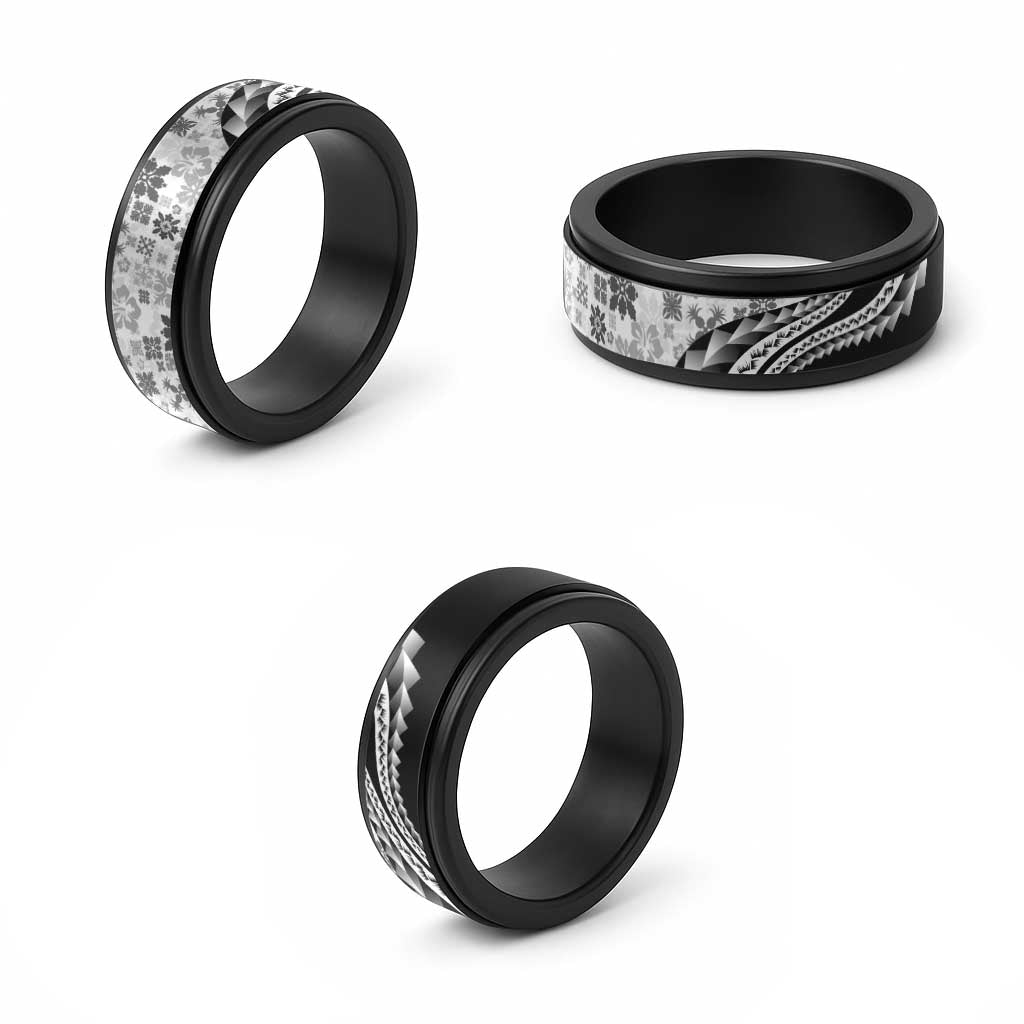 Black Hawaiian Quilt Pattern Spinner Ring Mixed Polynesian Tribal Arty - Polynesian Pride