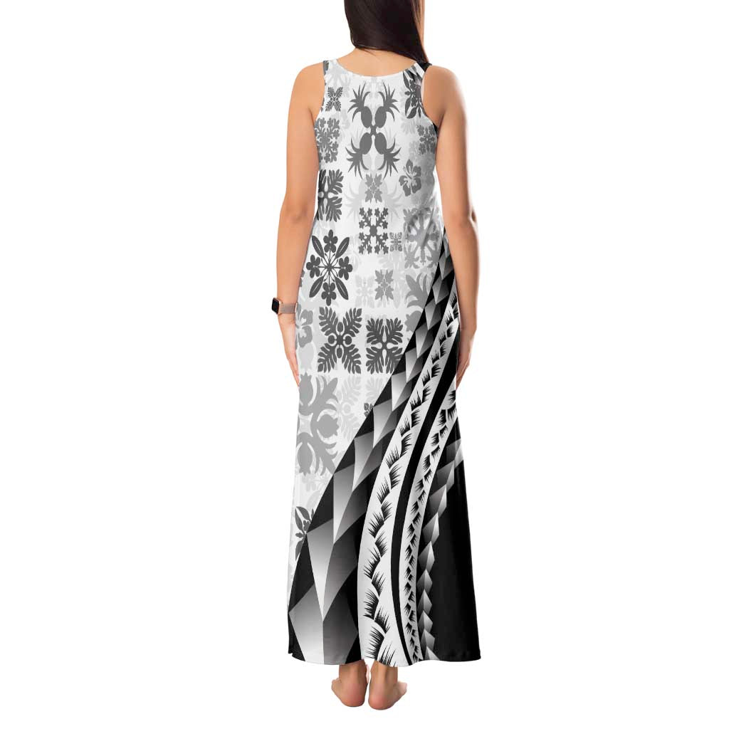 Black Hawaiian Quilt Pattern Tank Maxi Dress Mixed Polynesian Tribal Arty