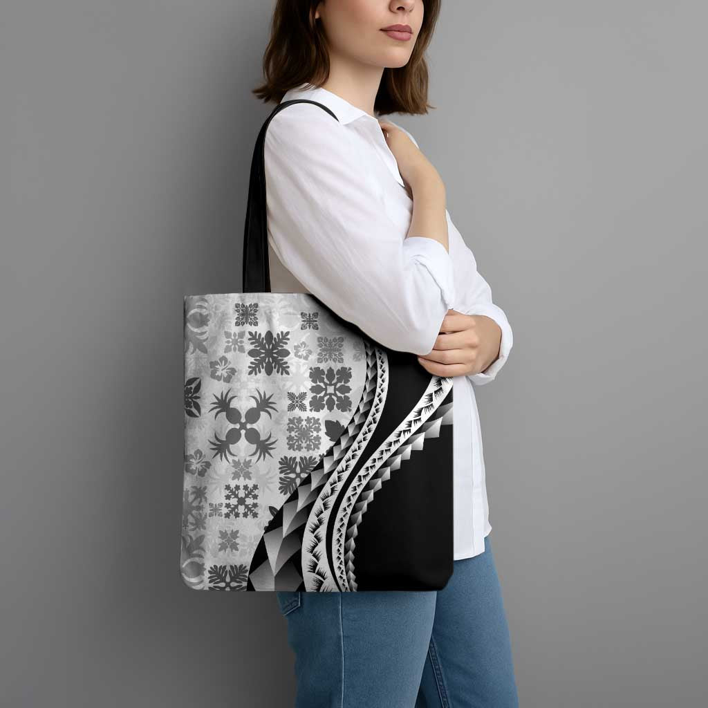 Black Hawaiian Quilt Pattern Tote Bag Mixed Polynesian Tribal Arty - Polynesian Pride