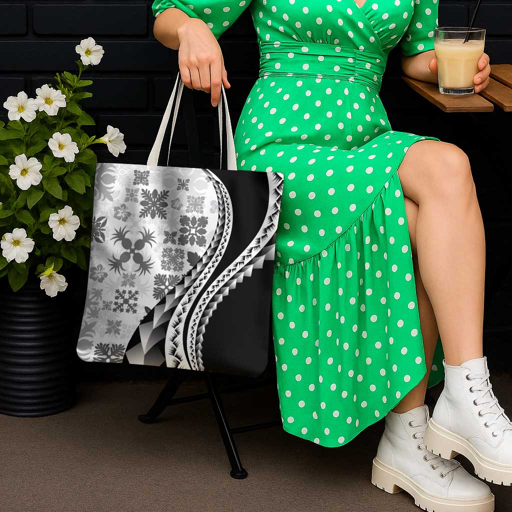 Black Hawaiian Quilt Pattern Tote Bag Mixed Polynesian Tribal Arty - Polynesian Pride