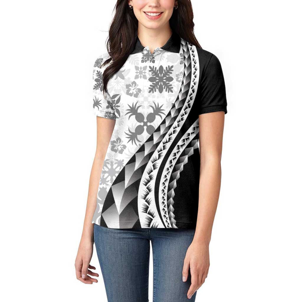 Black Hawaiian Quilt Pattern Women Polo Shirt Mixed Polynesian Tribal Arty