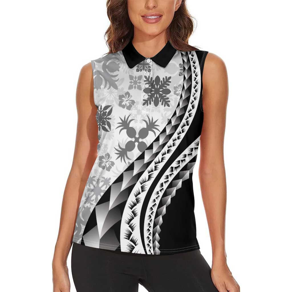 Black Hawaiian Quilt Pattern Women Sleeveless Polo Shirt Mixed Polynesian Tribal Arty