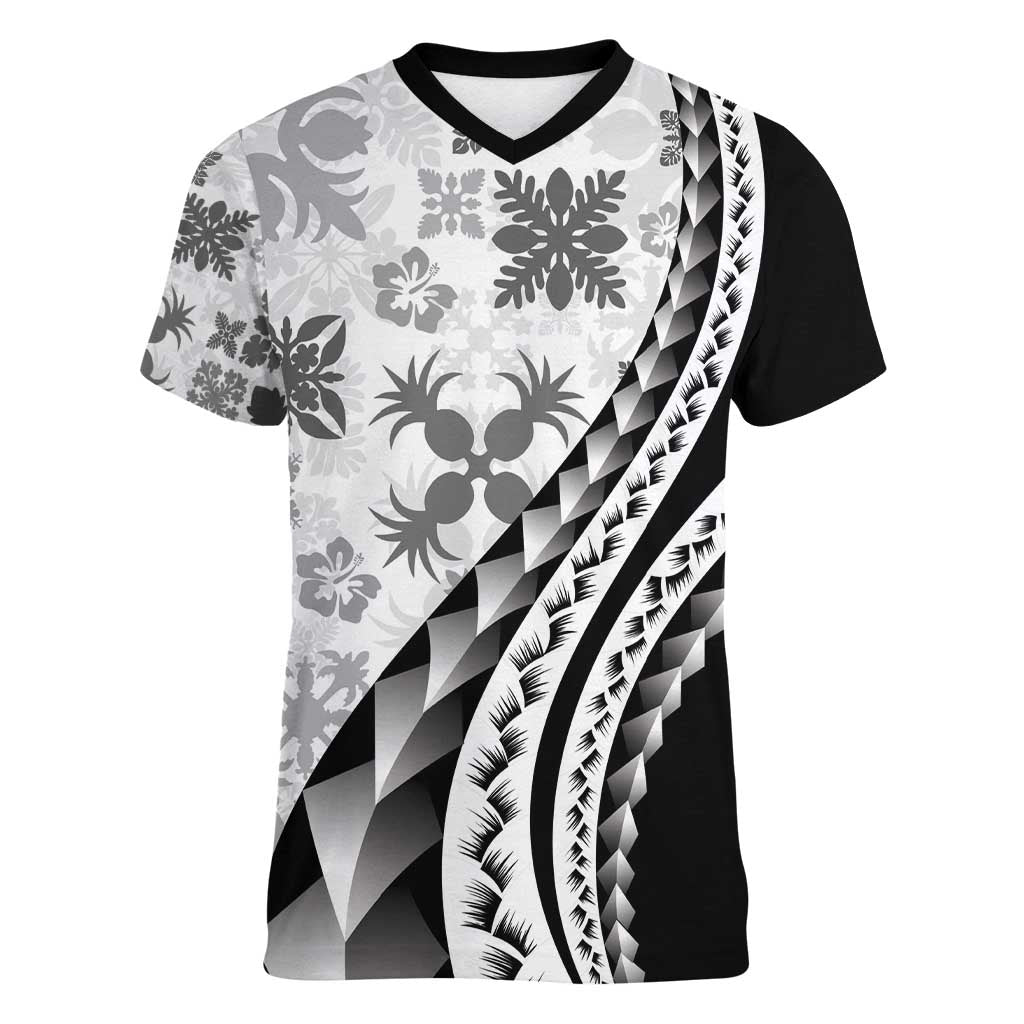 Black Hawaiian Quilt Pattern Women V-Neck T-Shirt Mixed Polynesian Tribal Arty
